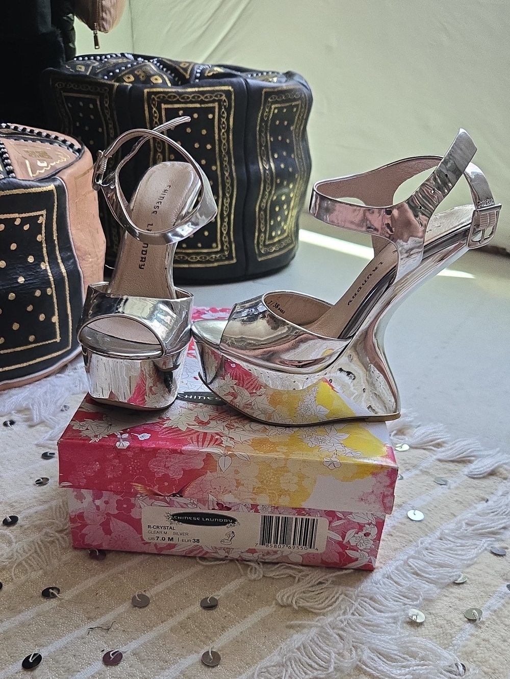 Chinese Laundry Silver Metallic Platform Ankle-Strap Heels